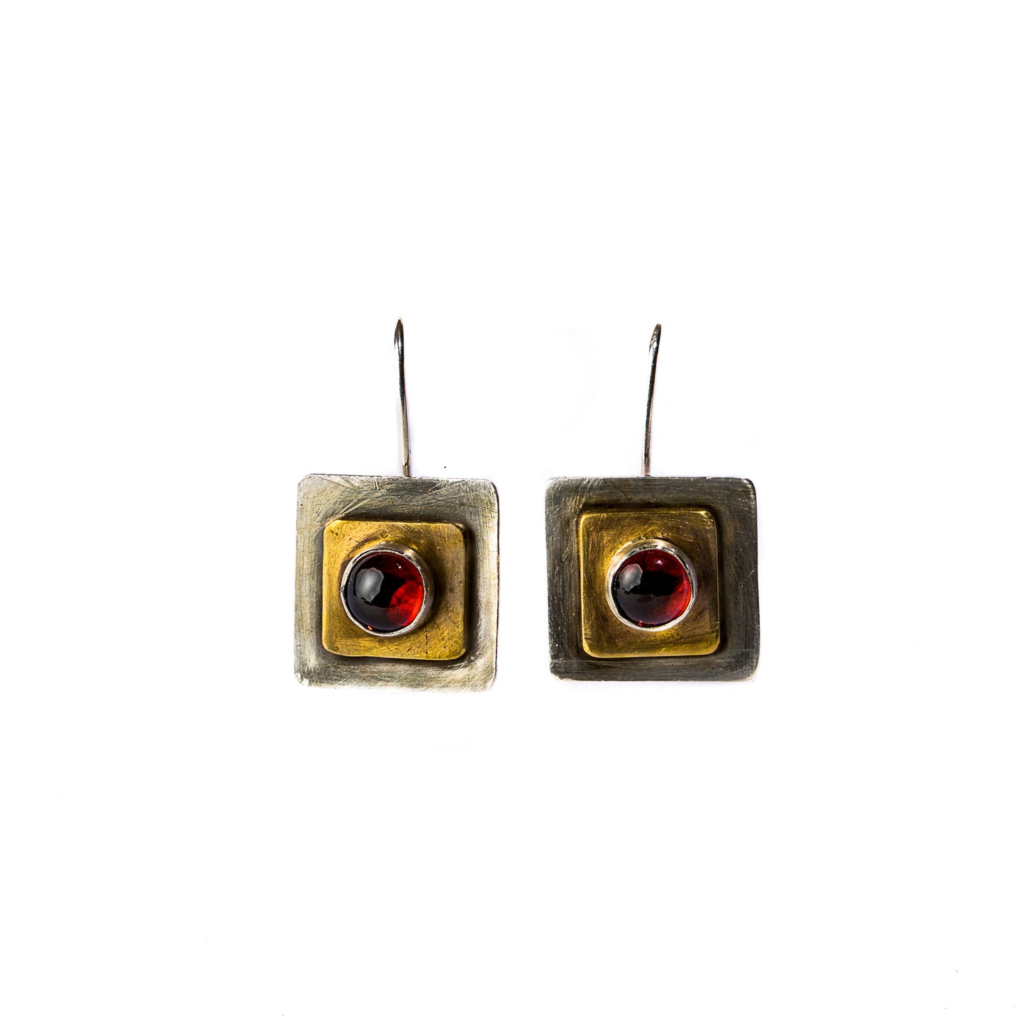 Earrings - Square Garnet Silver/Brass