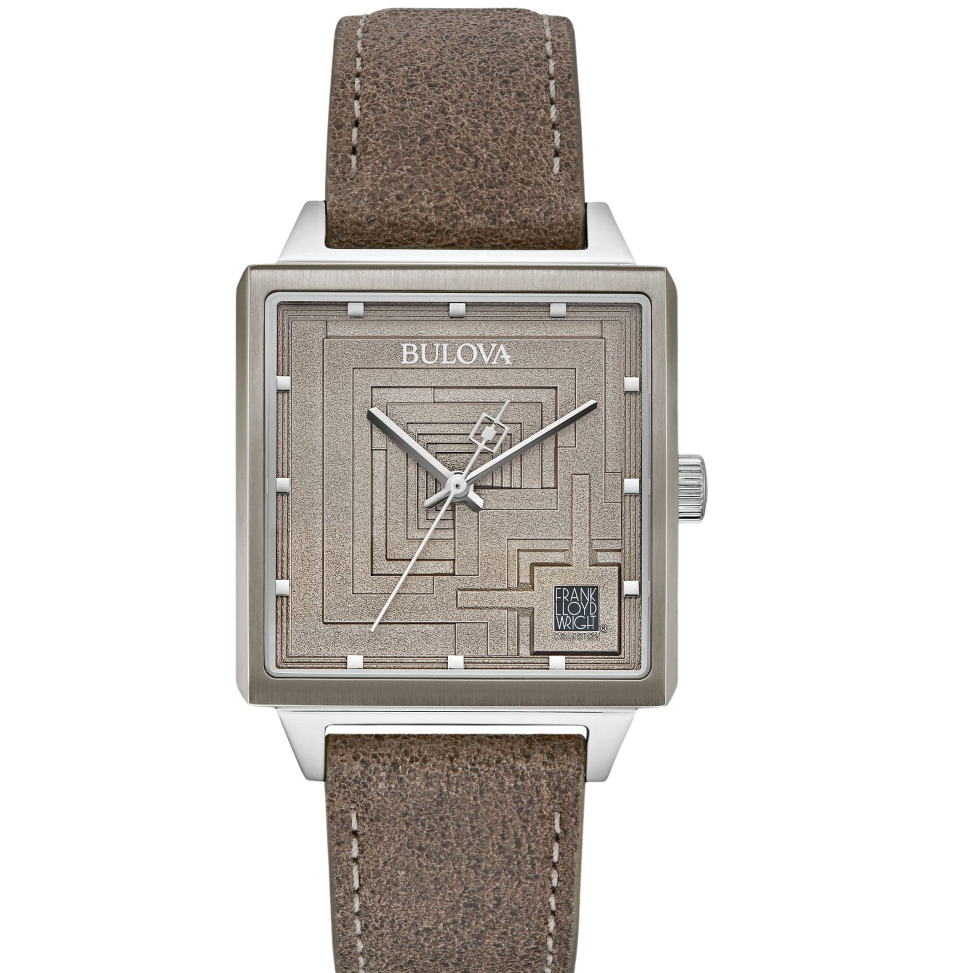 Bulova Frank Lloyd Wright Ennis House Men’s Watch featuring a geometric case, sapphire crystal with laser etching of Ennis House, silver-tone hour markers, debossed calf leather strap, and special counterbalance seconds hand. Limited edition of 1,500 pieces with exclusive packaging and Frank Lloyd Wright Collection storybook