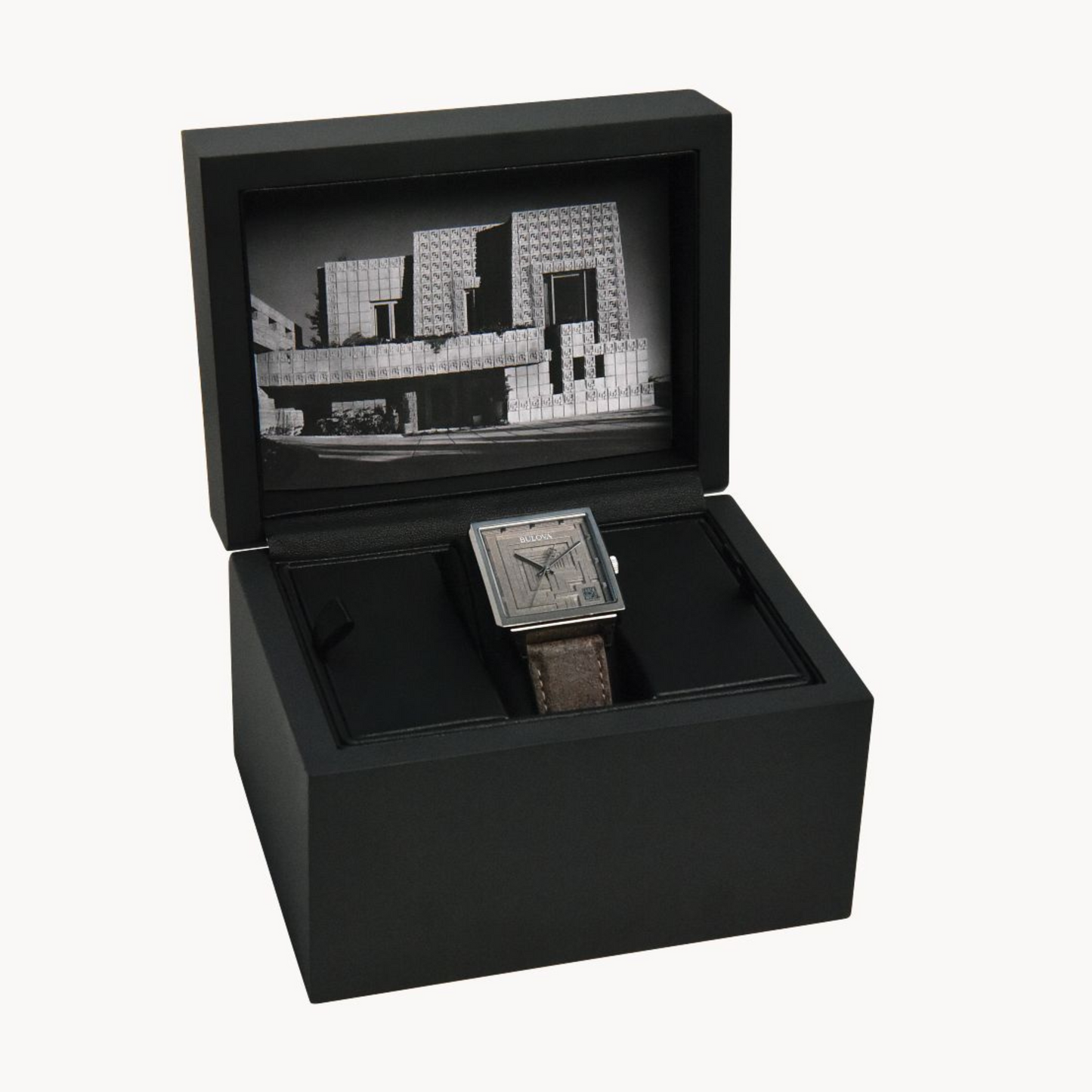 Bulova Frank Lloyd Wright Ennis House Men’s Watch featuring exclusive packaging and Frank Lloyd Wright Collection storybook.