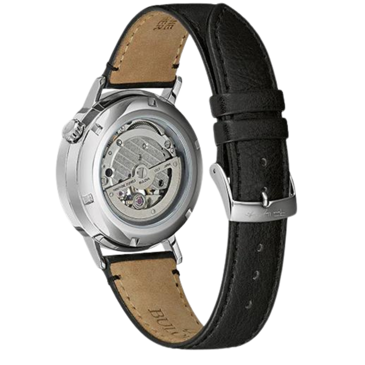 Bulova Frank Lloyd Wright 'December Gifts' Stainless Steel 3-Hand Automatic Watch featuring a  black leather strap and a glass exhibition case back, revealing the intricate mechanics.